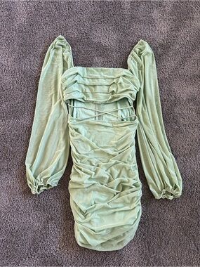 Princess Polly Sage Green Ruched Puff-Sleeve Mini Dress